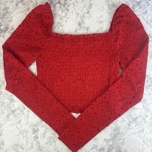 NEW NWT Francesca’s Shaun Mi Ami Red Floral Lace Long Sleeve Crop Top Blouse